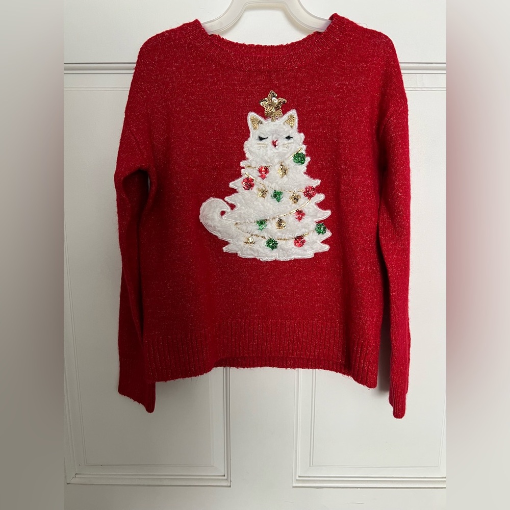 Girls Sequin Christmas Cat Sweater - Red - Picture 2 of 7